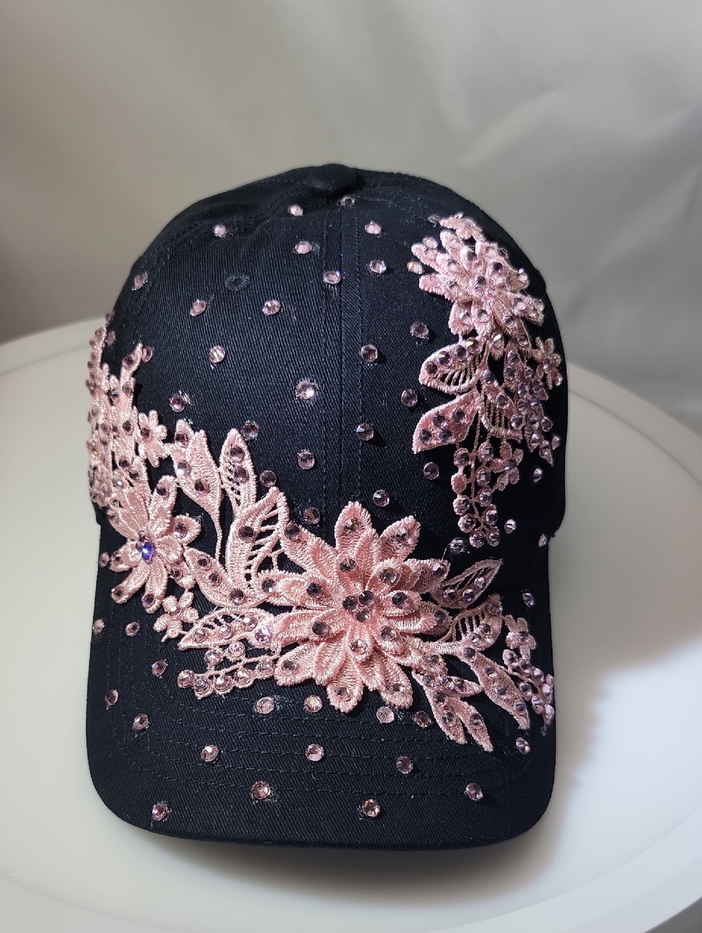Black Baseball Cap with Pink Rose Gold Floral Embroidery and Rhinestones